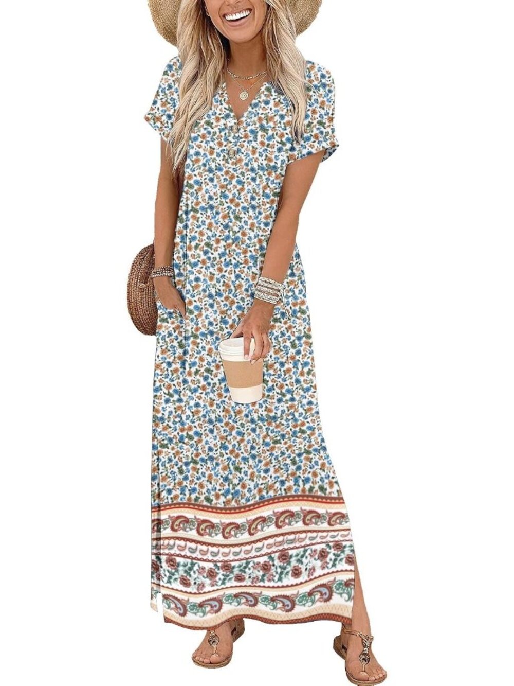 Women Floral Pull On Short Sleeve Casual Sundresses with Pockets Maxi Dresses